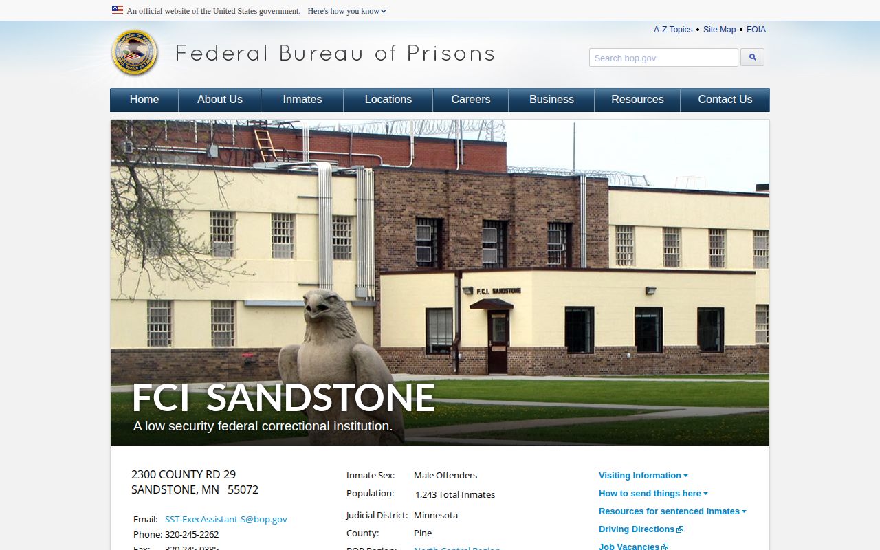 FCI Sandstone federal facility page for Pine County release lookup
