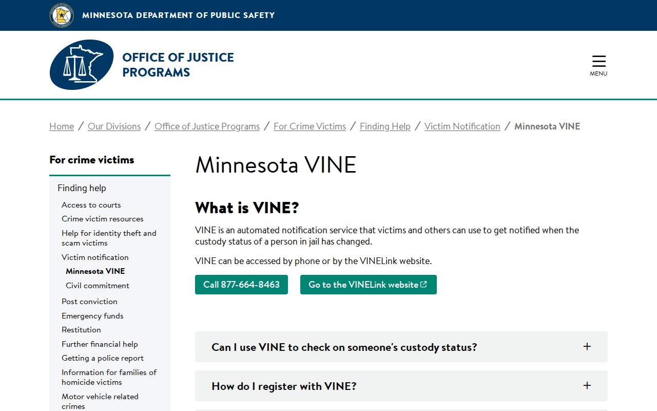 Official Minnesota VINE information for Pine County jail release notifications